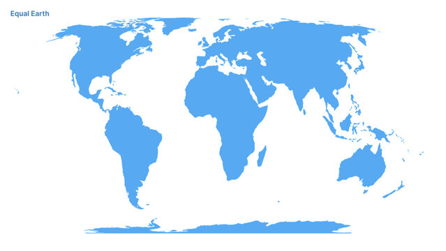 World map in equal earth projection. Blue continents silhouette on white background. Vector geographic visualization of planet earth for education, atlas, cartography and global business presentation