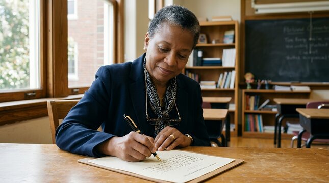 Mature teacher writing a recommendation letter with a fountain pen in a classroom.