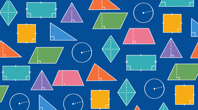 Vibrant Colorful Geometric Shapes Triangles Rectangles Circles with Area Formulas Math Diagrams Seamless Pattern Educational Vector Illustration on Deep Blue Chalkboard Background