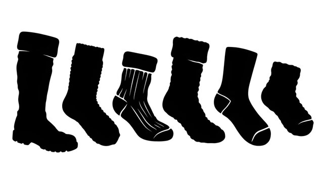 Thick Wool Socks Silhouette Set Isolated on White Background