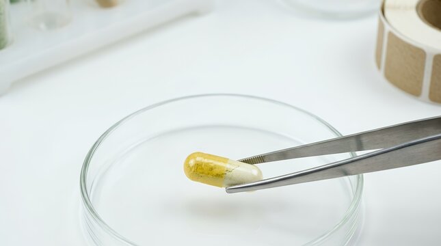 Tweezers holding a pharmaceutical gel capsule over a laboratory petri dish for testing.