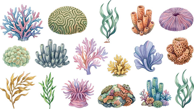 Underwater ocean coral reef watercolor element set with sea anemone sponge seaweed marine plants vector illustration design