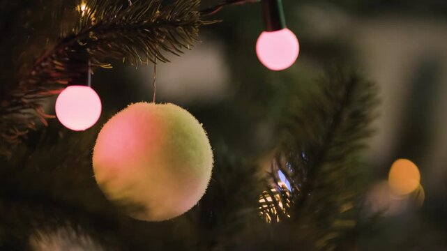 Detailed nighttime holiday background featuring Christmas tree ornaments, shimmering tinsel, and softly blinking warm lighting for a festive mood.