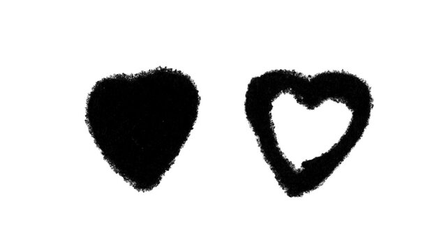 Hand-drawn set of two fuzzy hearts (solid and outline), black line art for Photoshop & Illustrator