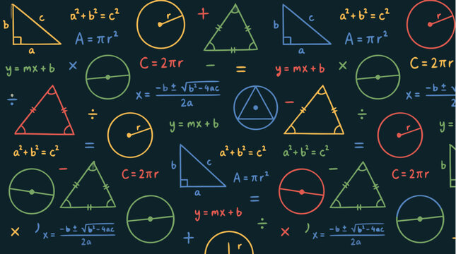 Seamless repeating pattern of colorful geometric formulas, triangles, circles and mathematical equations on dark chalkboard background, education and mathematics concept vector illustration