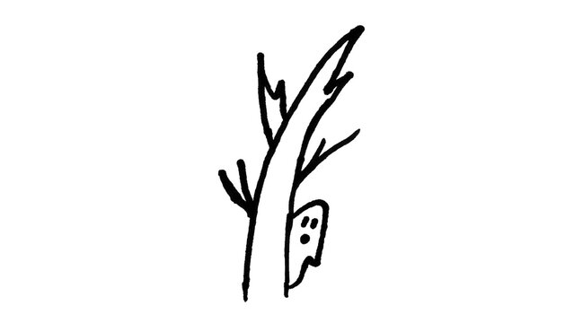 Hand-drawn cute ghost peeking behind a tree, black line art doodle for Photoshop & Illustrator