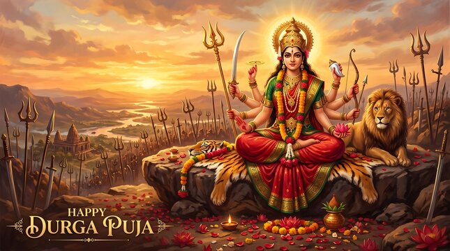 Maa Durga Seated on Lion Against Dramatic Sunset Landscape with Trishuls