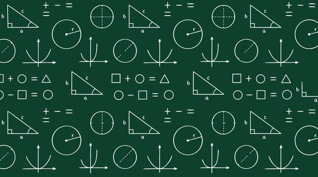 Seamless Repeating Pattern Featuring Geometric Formulas Right Triangles Circles Parabolas and Mathematical Equations on Dark Green Chalkboard Surface for Education Academic Design