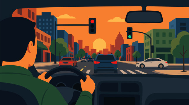 Urban driving scene at golden sunset, city street view from inside car with driver holding steering wheel, traffic lights and vehicles, modern city commute transportation illustration