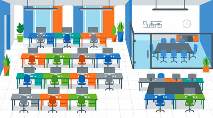 Obraz premium Empty Modern Office Interior with Colorful Desks Chairs Meeting Room No People Flat Vector Illustration - professional high resolution commercial stock photography with detailed commercial stock