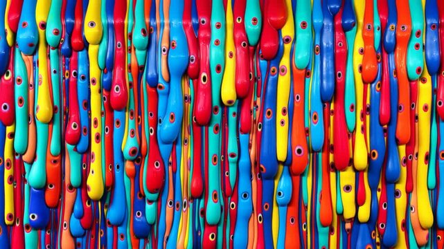 Slow motion close up of colorful paint drips sliding down textured wall in studio gallery setting