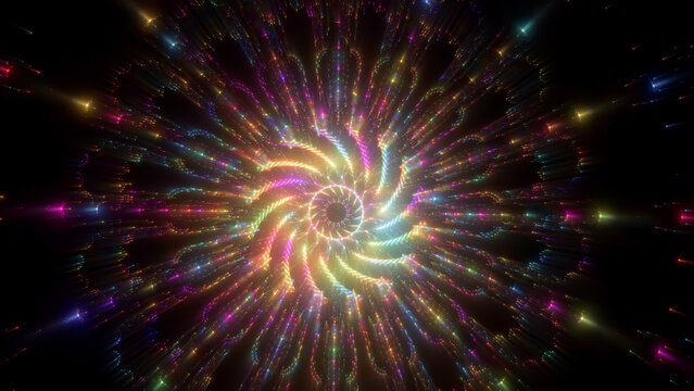 Multicolor light spiral twisting into a dark center, ideal for psychedelic energy, cosmic motion, spiritual transformation, abstract vortex design, meditation visuals and futuristic backgrounds

