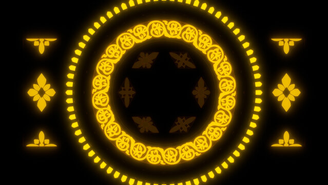 Golden hexagram glowing within a dark circular mandala, created for sacred geometry, meditation, esoteric symbolism, spiritual balance, mystical ritual concepts and luminous ornamental backgrounds
