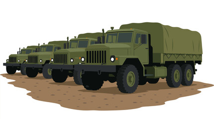Obraz premium Row of Olive-Green Military Cargo Trucks Parked on Dirt Lot with Canvas Bed Covers in Flat Muted Color Vector Illustration Style - professional high resolution detailed commercial stock imagery with