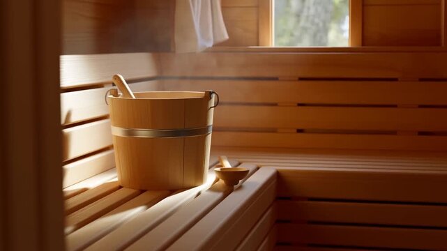 Slow motion static tracking shot of wooden sauna bucket steaming on bench inside warm wooden sauna room with ladle and rising steam