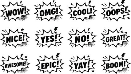 Fototapeta premium Set of Retro Comic Book Speech Bubbles and Explosion Clouds in Black and White Pop Art Style with Expressions like Wow, Boom, OMG, and Epic, Halftone Screentone Vector Illustration.