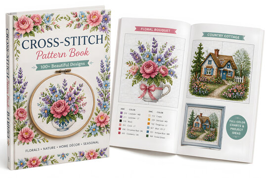 Cross-stitch pattern book and open pages with floral and house designs  