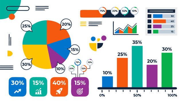 Bright colorful flat-design infographic layout featuring pie chart segments bar graph and percentage callouts arranged together, modern business data visualization statistics graphics vector