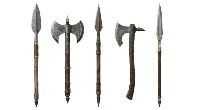Collection of ancient medieval weapons including spears and axes on a white background