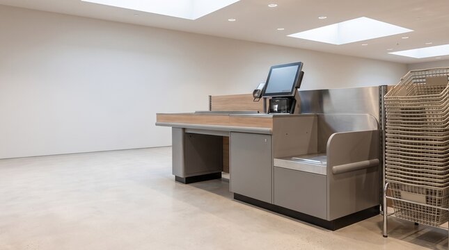 Modern supermarket checkout counter in a bright commercial space with retail store grocery store pos system cash register retail design store interior