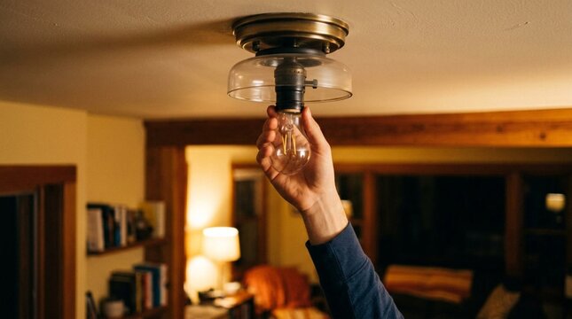 Hand screwing clear incandescent light bulb into ceiling fixture in cozy dimly lit living room with warm ambient lamp glow