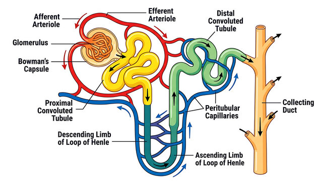 Anatomical of a kidney nephron with labeled parts and vessels