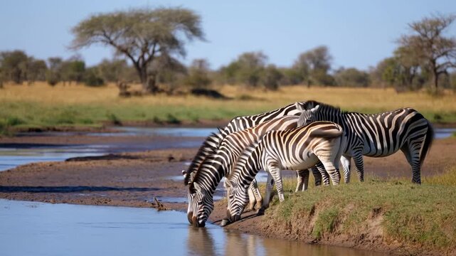 Static slow motion tracking pan of zebras drinking and grazing at riverbank in african savanna during sunny daytime