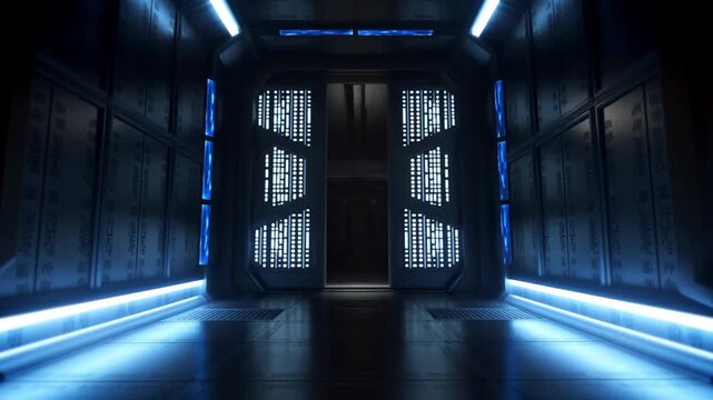 Dolly shot of sci fi corridor door sliding open revealing dark metallic spaceship interior with blue accent lights
