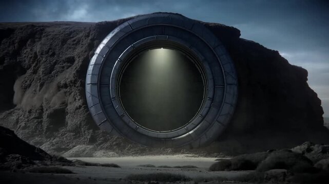 Slow dolly in view of large circular portal embedded in rocky cliff with beam of light illuminating sandy desert foreground at dusk