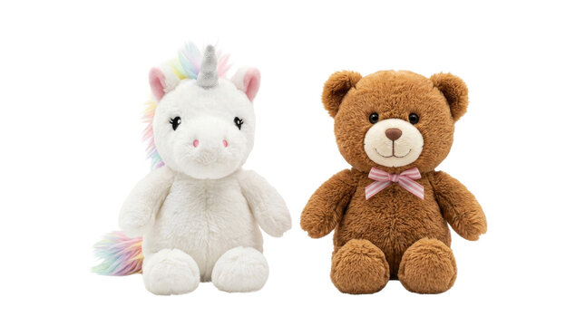 Cute plush unicorn and teddy bear friends sitting together on white background