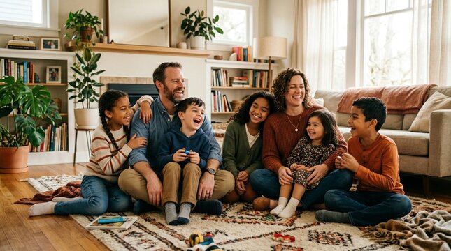Joyful multiracial blended family laughing together on cozy living room floor with fireplace, warm natural window light, bookshelves, and indoor plants in relaxed home setting