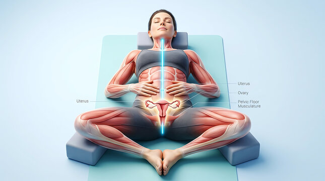 Anatomical of female reproductive system and musculature in yoga pose