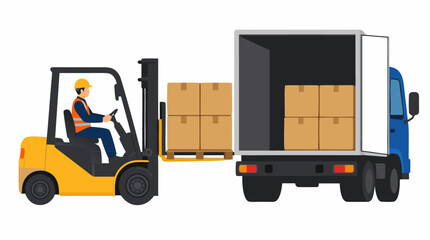 Naklejka premium Forklift Driver in Hard Hat Loading Cardboard Boxes Into Delivery Truck Inside Warehouse Flat Vector Illustration - professional high resolution commercial stock detailed commercial stock imagery