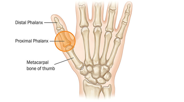 Anatomical of human hand bones, highlighting thumb phalanges and metacarpal