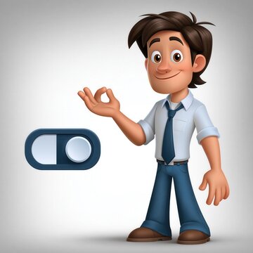 Cartoon businessman character shows an ok gesture beside a digital toggle switch icon.