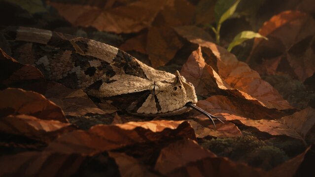 Leaf insect camouflaged among brown leaves in dry forest floor, highlighting walking leaf and phasmid, natural habitat, dramatic light, biodiversity, ecology and conservation, wild atmosphere
