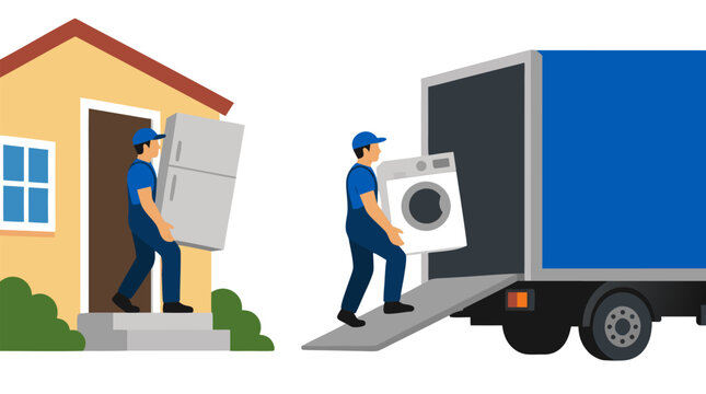 Two professional movers in blue uniforms carrying a refrigerator from a house and loading a washing machine onto a blue moving truck via ramp, home relocation service flat vector illustration