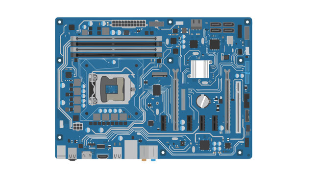 Detailed Computer Motherboard with Silver Circuits and Microchips on Blue Circuit Board Flat Vector Illustration for Technology Design - professional high resolution detailed commercial stock