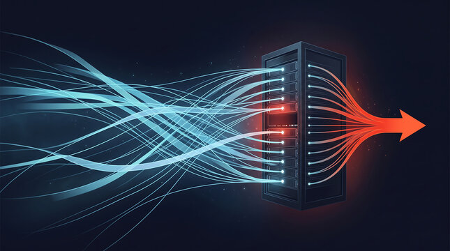 Abstract server rack with glowing data streams and converging arrow shapes representing digital transformation and cloud computing infrastructure