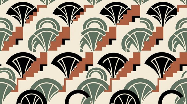 Vintage botanical illustration featuring stylized palm leaves and geometric shapes in warm tones