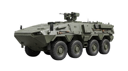 Fototapeta premium Military armored personnel carrier vehicle on isolated transparent background PNG