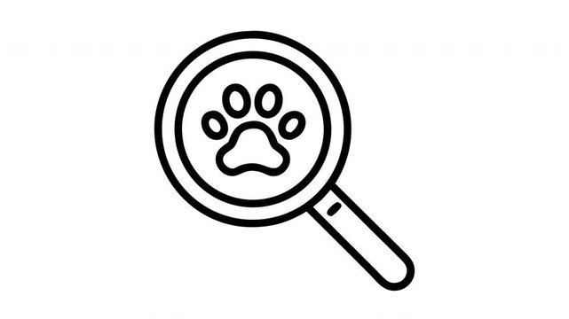 Animated magnifying glass searching for a pet paw print symbol on a clean white background