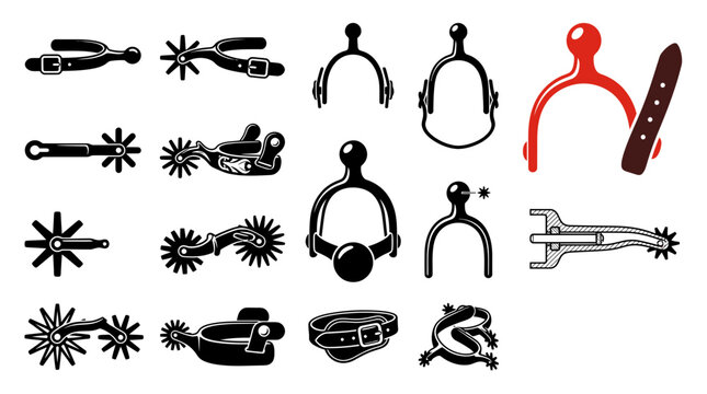 Collection of horse spur icons and cowboy equestrian riding gear equipment