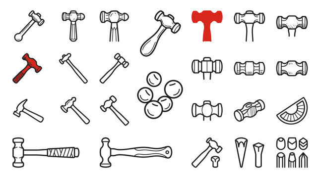 Collection of hand-drawn hammer icons and industrial hand tool doodles in vector style