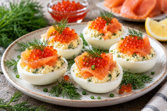 Deviled Eggs With Smoked Salmon, Red Caviar and Fresh Dill