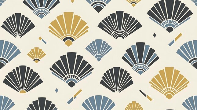 Art deco seamless pattern with stylized shells in gold teal and black