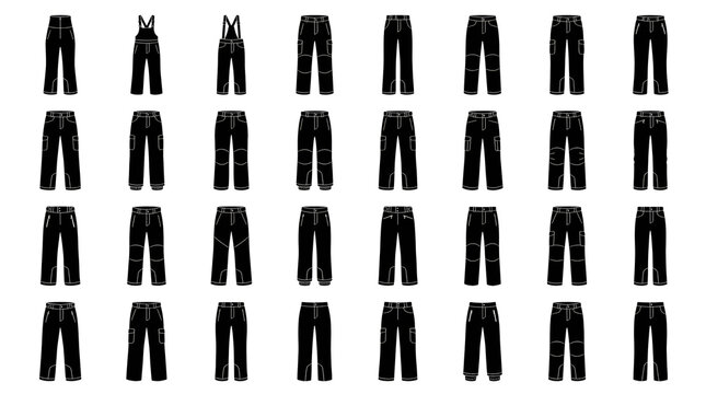 Solid Black Silhouettes of Snow Pants and Ski Trousers on White Background
