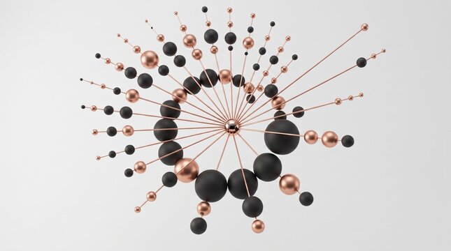 Abstract Spiral Kinetic Sculpture with Copper and Matte Black Spheres Isolated on Light Background