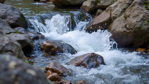 Mountain stream flowing over rocks in a forest creek  