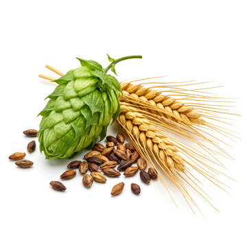 Hop cone with barley ears and roasted malt grains isolated on a clean white background in studio lighting, perfect for craft beer brewing branding, packaging, and beverage recipes
